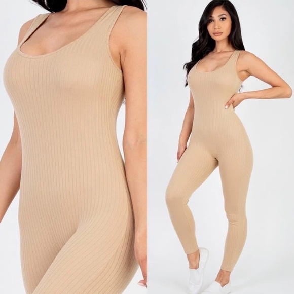 NEW TRENDY KHAKI TANK TOP SCOOP NECK RIBBED BODYCON JUMPSUIT ROMPER - Picture 3 of 3